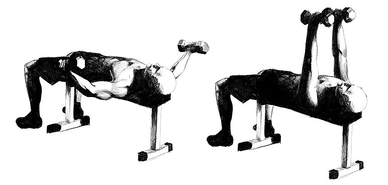 Rozpiętki ze sztangielkami na ławce poziomej