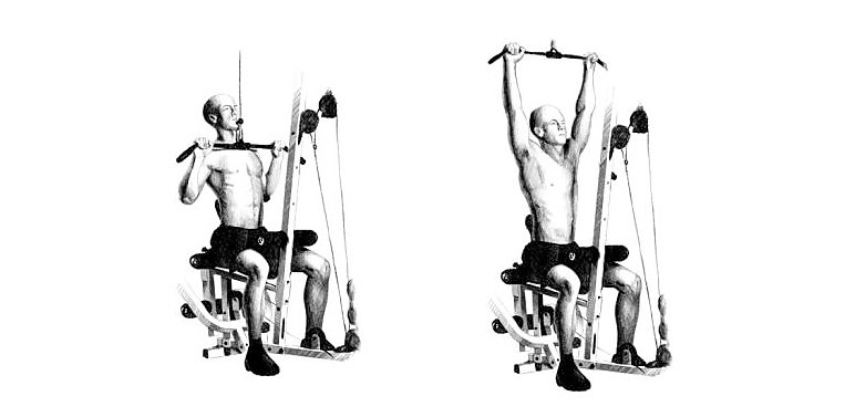 Ściąganie drążka górnego wyciągu do klatki piersiowej