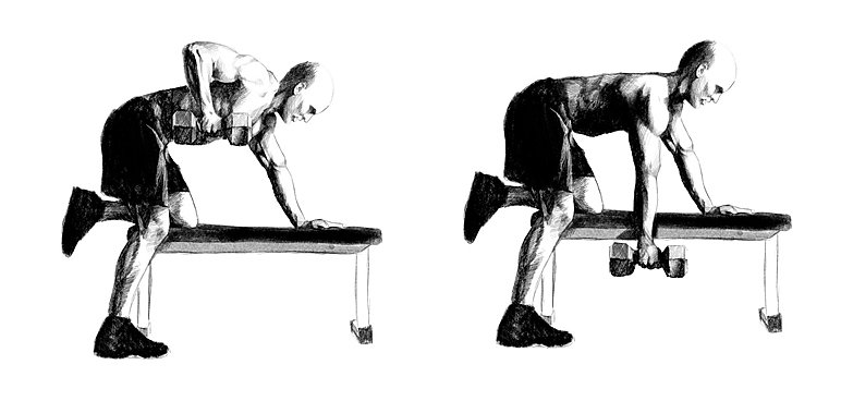 Wiosłowanie sztangielką w podporze na ławeczce